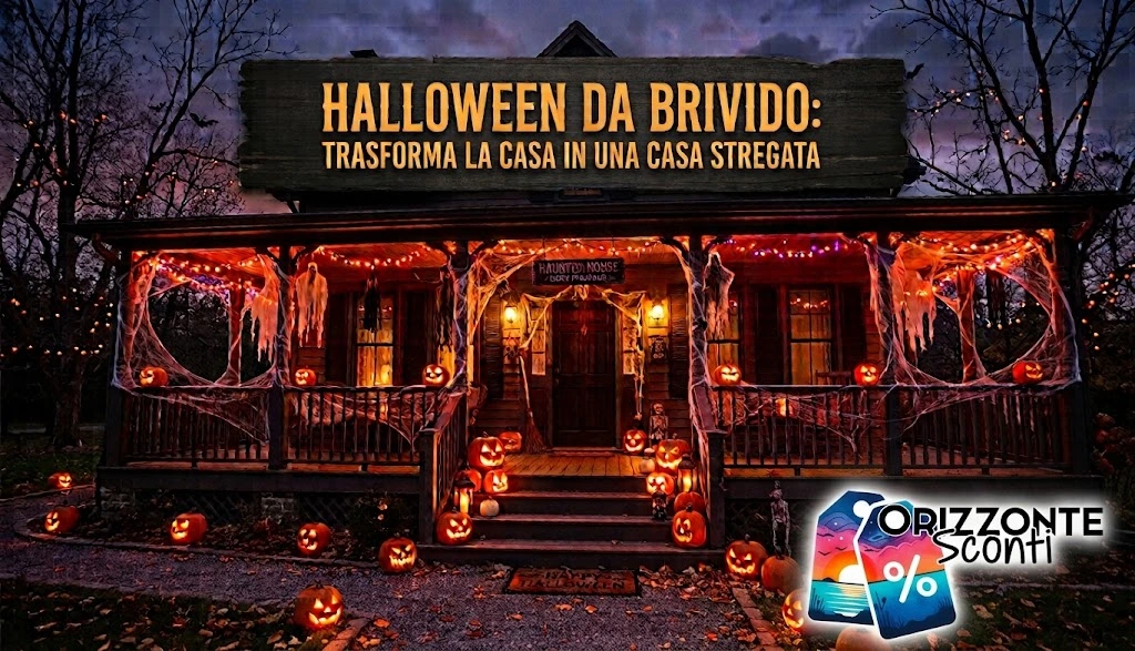 Casa decorata per Halloween con zucche intagliate illuminate, ragnatele finte e luci arancioni sulla veranda al crepuscolo