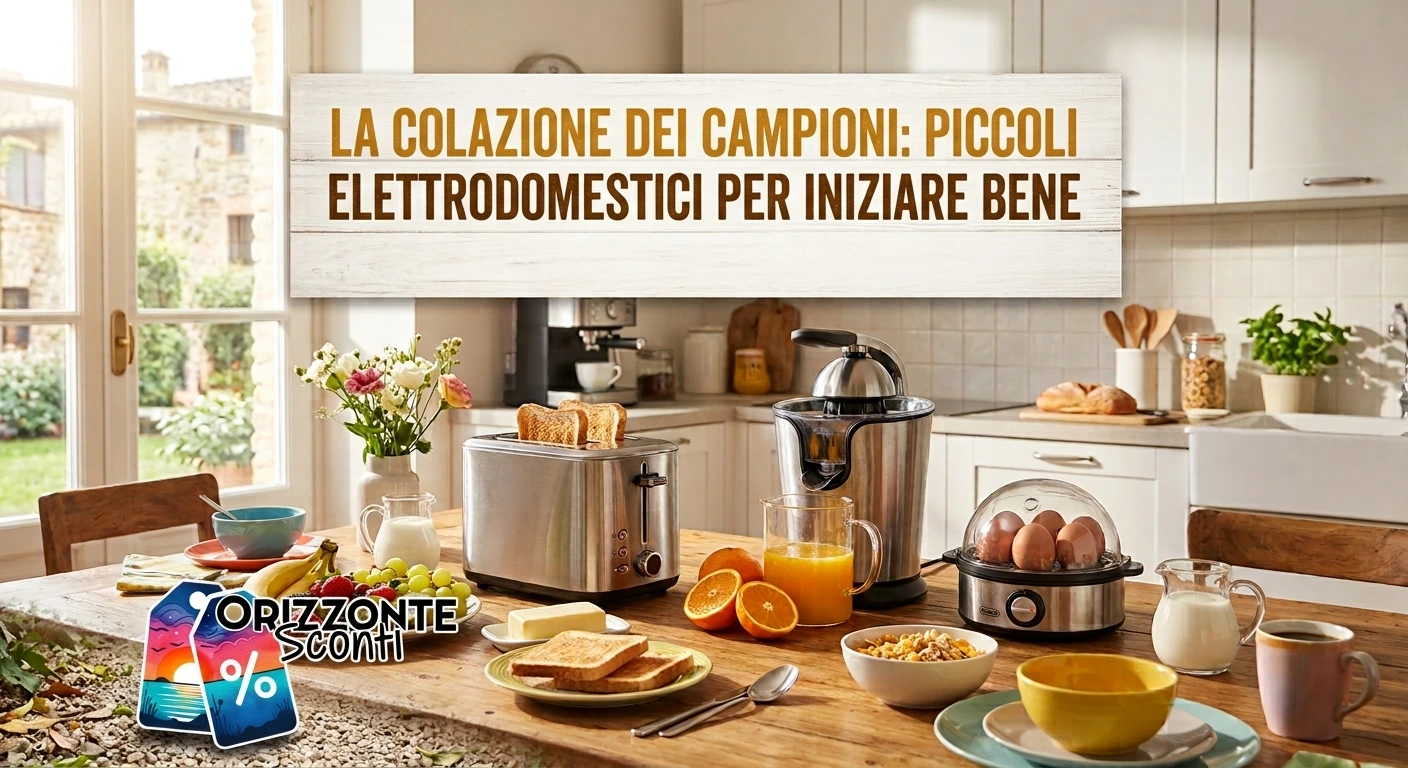Tavolo apparecchiato per colazione con tostapane, spremiagrumi elettrico, cuociuova e frutta fresca in una cucina luminosa al mattino